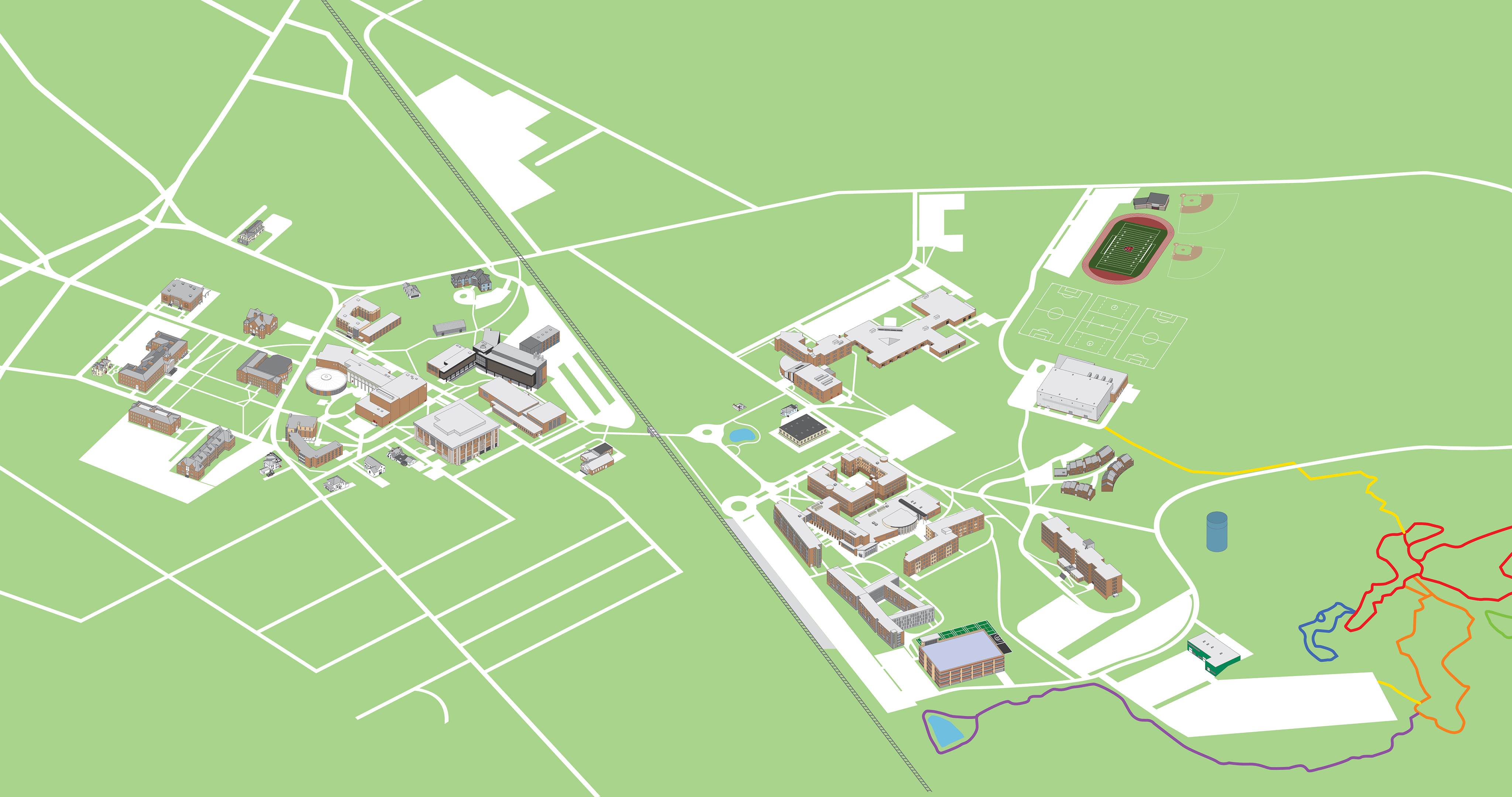 A map of campus shows buildings, roads, parking lots and walkways.
