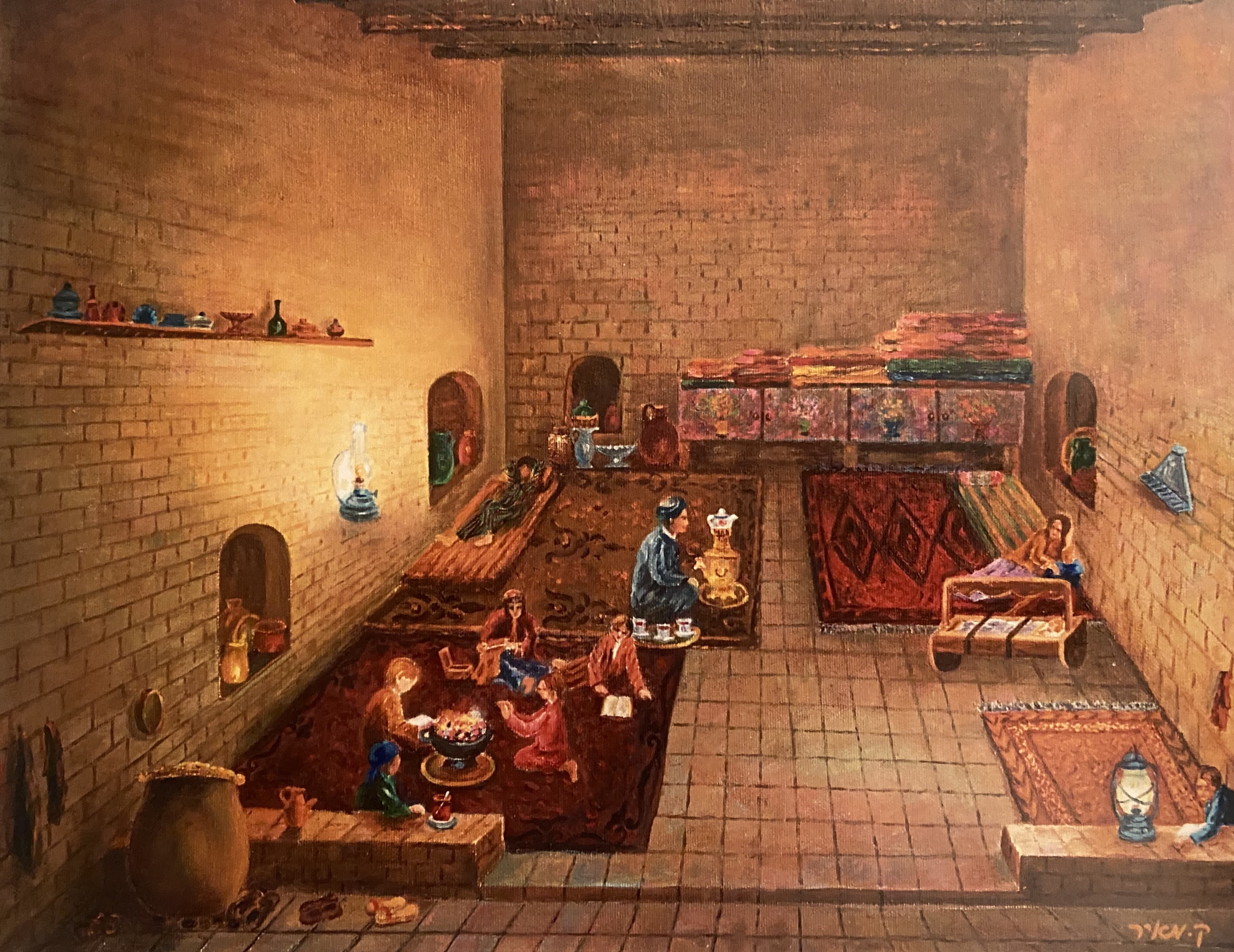 Colourful hand-drawn drawing of an indoors, with people weaving and reading and talking, the walls are made of brick.