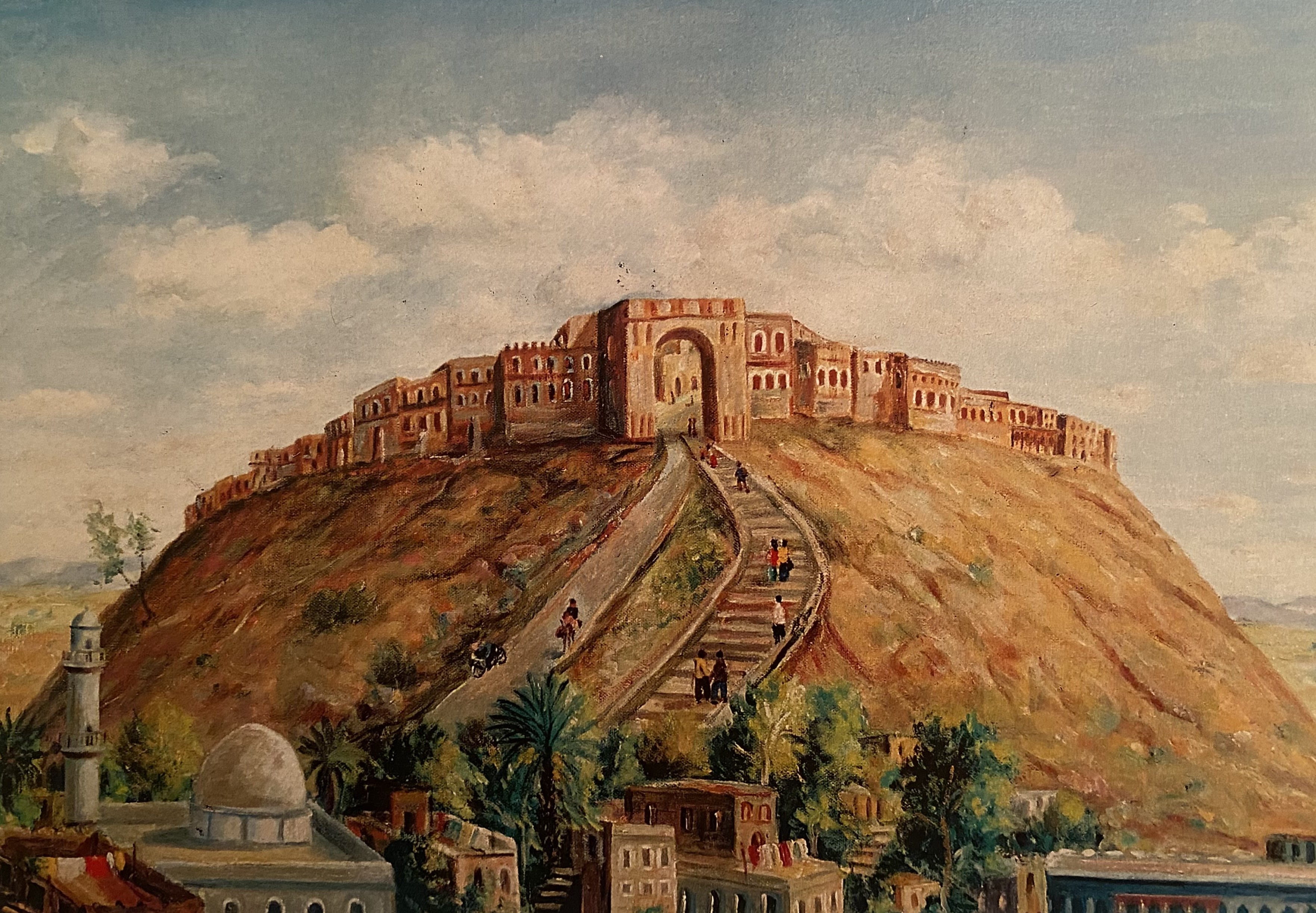 Colourful hand-drawn drawing, outdoors, with a mosque and houses in the close up, and a mountain in the distance, with a large road leading up to the city on the mountain.