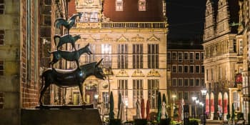 Bremen Town Musicians Statue in Bremen at night.