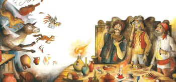 An illustration with the Bremen Town Musicians making louding noises and music such as three robbers sitting at a set dinner table seeming shocked.