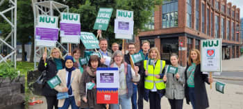National Union of Journalist members stand outside BBC Leeds.