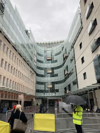 A photo of the entrance to Broadcasting House, the headquarters of the BBC.